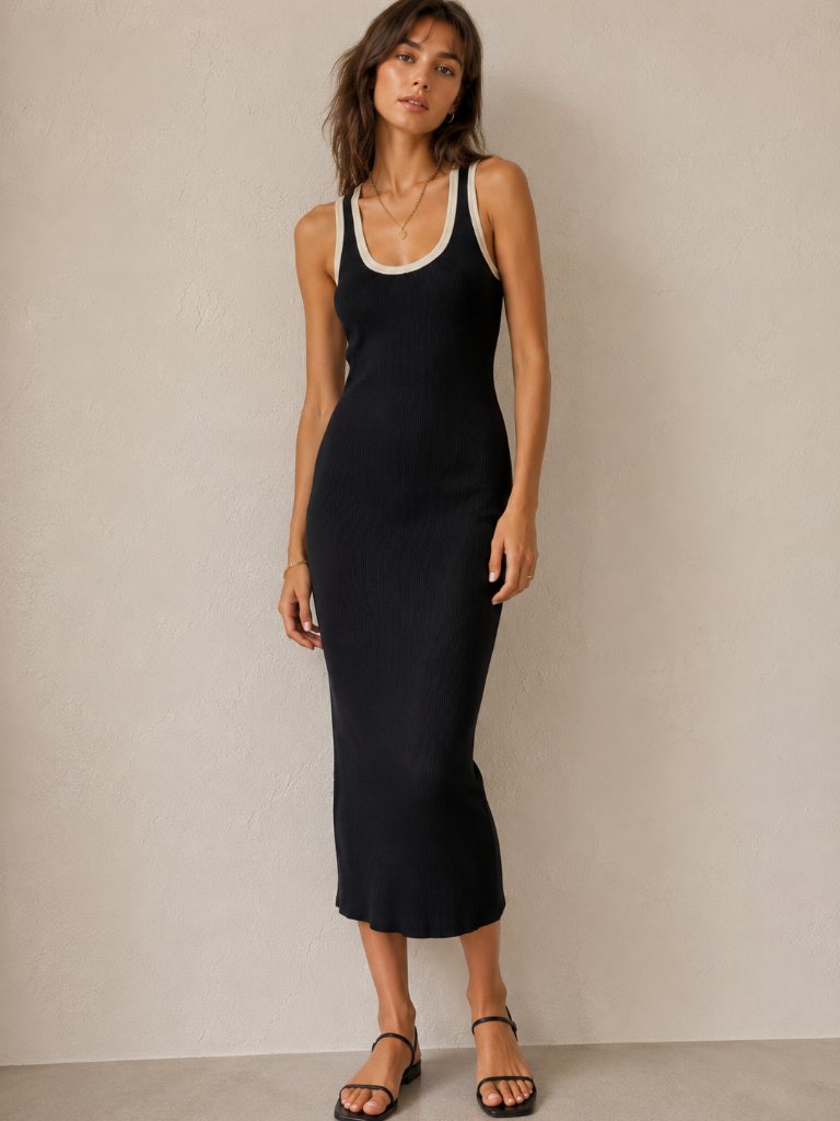 Caroline Constasknit Tank Midi Dress- Black Ribbed